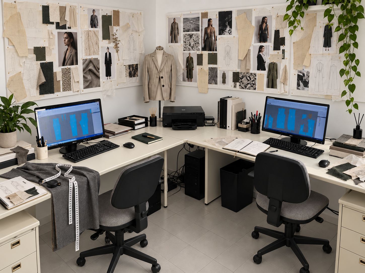 Postazioni dell'ufficio CAD con cartamodelli a schermo