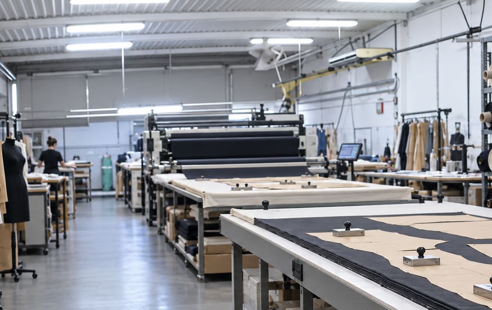 Cutting tables with spread fabric
